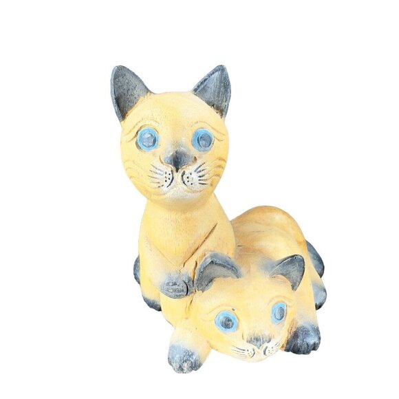 Vintage Hand Carved Wood Kitty Cat Figurine Brown With Blue Eyes Cats Figure - Picture 1 of 14